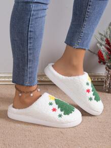 Christmas Tree Plush Warm Slippers For Women, Thick Sole Anti-Slip Indoor House Slippers For Student Dormitory, Wearable Outdoor