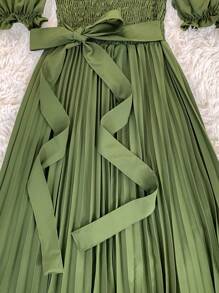 Pleated Midi Waist Elastex Dress - Army Green - View 3