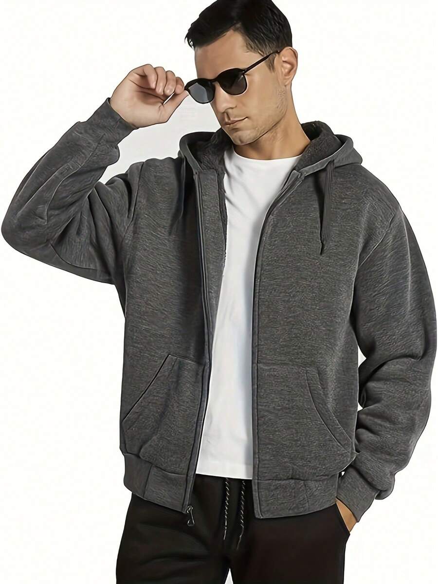 Men's Hooded Sweatshirt Solid Color Casual Long Sleeve Zipper Fitness Sports Hooded Jacket Thickened 3 Layers - 深灰色 - 查看 1
