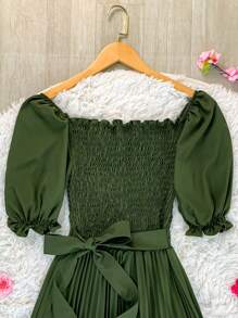 Pleated Midi Waist Elastex Dress - Army Green - View 4