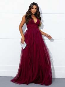 LONG DRESS FOR BRIDESMAID WEDDING NECKLINE WATERFALL SKIRT - 紅木色 - 查看 1