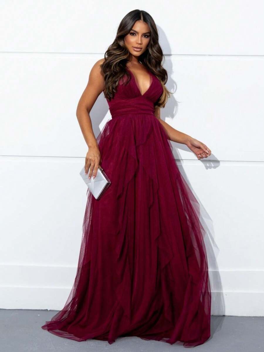 LONG DRESS FOR BRIDESMAID WEDDING NECKLINE WATERFALL SKIRT - 紅木色 - 查看 1