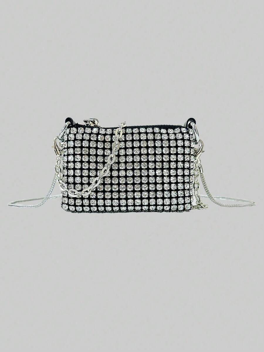 Bolso bandolera mini de mujer con cadena brillante, bolso de hombro tipo sobre con strass, bolso de mensajero con adorno de strass - Plateado - Ver 1