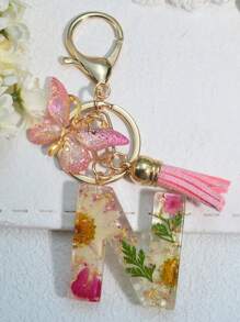 One Initial Keychain For Girl And Ladies, Pink Cute Dry Flower Dandelion Key Chain, Backpack/Handbag Decoration, Butterfly Tassel, Gift Car Accessories Bag Charm School Goth Y2k