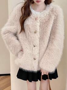 Women's Round Neck Short Fluffy Jacket - Apricot - View 4