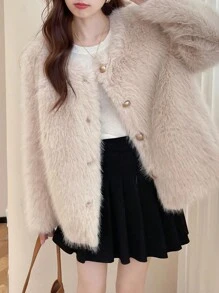 Women's Round Neck Short Fluffy Jacket - Apricot - View 3