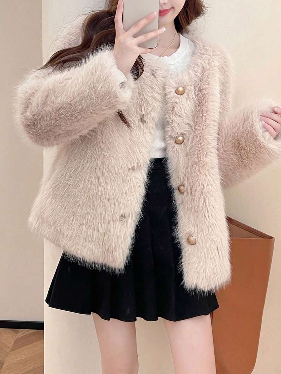 Women's Round Neck Short Fluffy Jacket - Apricot - View 1
