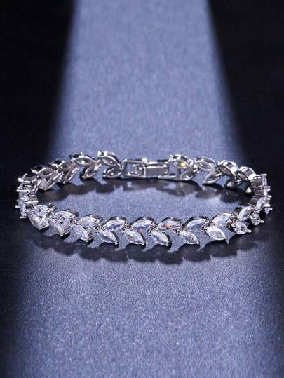 1 Vòng tay bạc dát bằng đồng Cubic Zirconia thời trang có dây chuyền có thể điều chỉnh cho phụ nữ, đeo hàng ngày