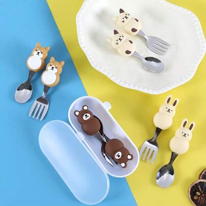 2pcs(A Fork + A Spoon)Stainless Steel Animal-Shaped Spoon And Fork Set