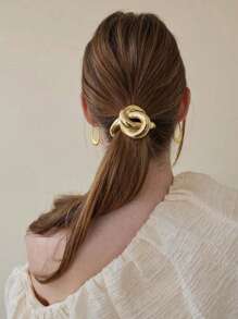 1pc Elegant Golden Metal Geometric Hair Tie, Women's Luxury Style Ponytail Holder, Simple Chic Accessory, Glossy Knot Pony Cuff, Dome Pony Cuff, Ponytail Elastic Band, Women And Girls Hair Accessories, Gold Head Piece