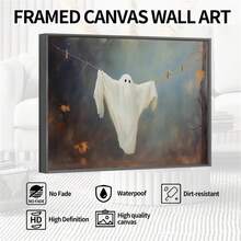 Ghost Hanging On Clothesline Painting, Cute Ghost Printable Art, Eerie Halloween Home Decor, Spooky Laundry Room Art Print, Funny Ghost, Creepy Spooky Abandoned Art Halloween Pictures Framed( Frame ) - 卡非塞 - 查看 5