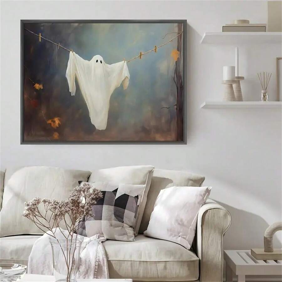 Ghost Hanging On Clothesline Painting, Cute Ghost Printable Art, Eerie Halloween Home Decor, Spooky Laundry Room Art Print, Funny Ghost, Creepy Spooky Abandoned Art Halloween Pictures Framed( Frame ) - 卡非塞 - 查看 1
