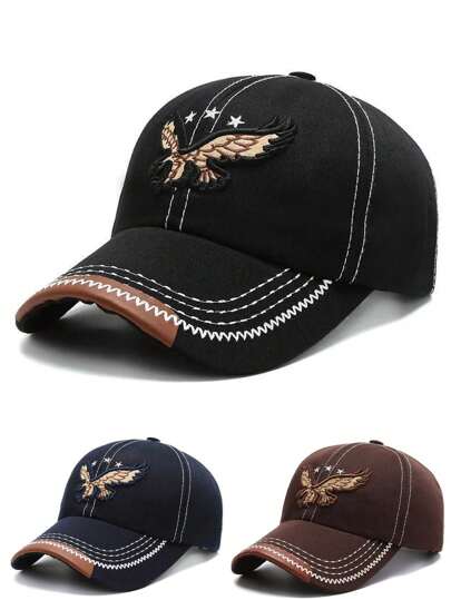 1 件装复古水洗做旧棒球帽，带鹰刺绣，男女通用轻便可调节运动帽，休闲涤纶老爹帽