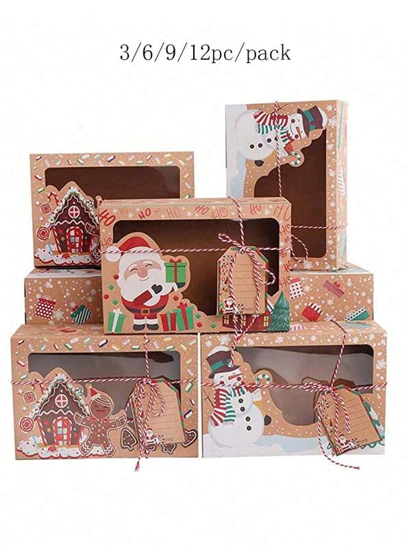 3/6/9/12pcs/Pack Party Favor Gift Christmas Kraft Paper Boxes With PVC Window For Cookies, Candy, Treats,Christmas Valentine Day