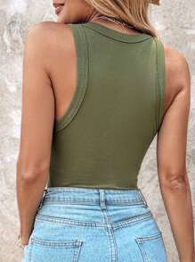 ChicMe Built-In Bra Sleeveless Ribbed Knit Tank Top Slim Fit Round Neck Basic Top - Army Green - View 3
