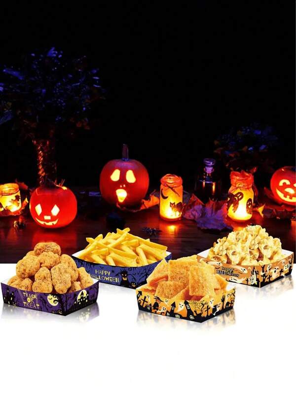 5pcs,Halloween Pumpkin Grimace Ghost Castle Boat Snack Party Tray Uncovered Carton Plates, Popcorn, Chips, Snack Boxes,The Pattern Is Random Home Room Decoration Halloween Party,Kitchen,Christmas Gift