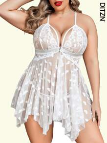 DITZN Plus Size Women's One-Piece Heart Shaped See-Through Erotic Sexy Lingerie Front Button Dress Split Lace Dress Summer Passion Night Breathable Pajamas Homewear (Free Thong) For Rave