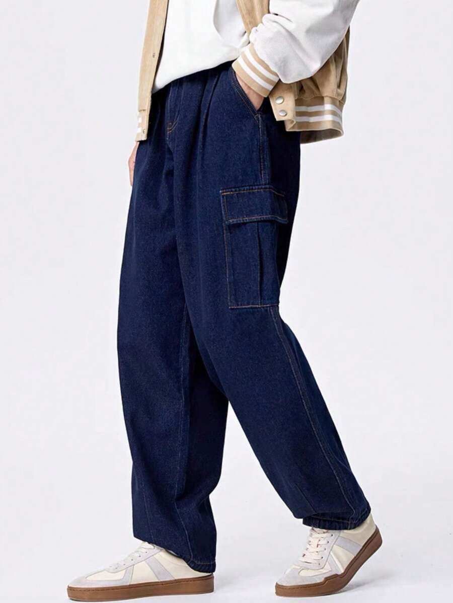 CARGO JEANS Pants With Side POCKET Adjustable Waist Wide Long Unisex - 深色水洗藍 - 查看 1