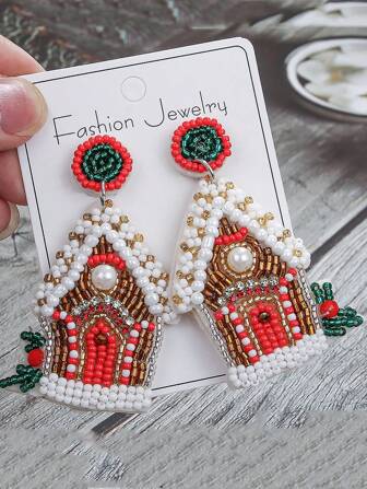 1Pair European & American Christmas House Bell, Snowman & Pearl Beaded Handmade Dangle Earrings, Personalized Exaggerated Earrings Gift