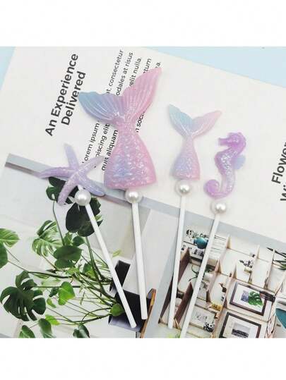 4 件美人鱼蛋糕装饰，美人鱼尾巴海星海马蛋糕装饰，海洋美人鱼主题，生日蛋糕烘焙装饰，生日派对用品，洗礼蛋糕插件（紫色和粉色），圣诞节