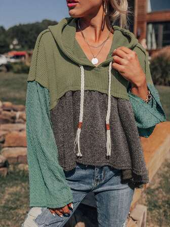 Getextureerde colorblock patchwork brede mouw drop-shoulder gerafeld hoog laag hoodie