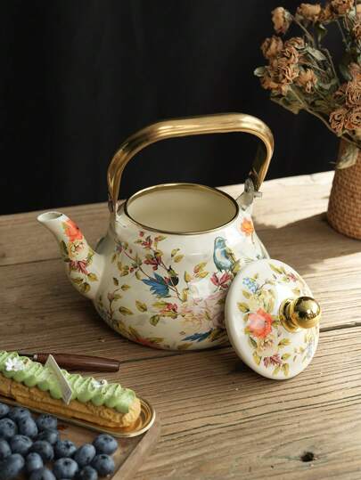 1pc Vintage Gold-Color Handle Pear-Shaped Enamel Teapot, Heatproof Household Enamel Kettle, Teapot, Luxury Gift Enamel Pot, Suitable For Outdoor, Camping