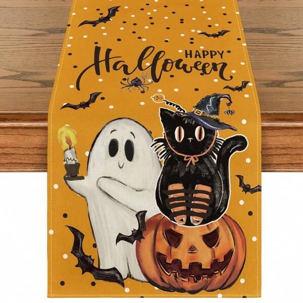 pocket monsters 1PC Orange Pumpkin Lantern Pumpkin Ghost Black Cat Halloween Linen Table Runner, Bat Kitchen Table Decoration For Home Party Decoration