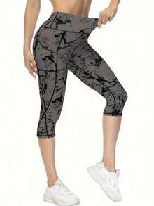 Mallas capri de entrenamiento de talle alto estampadas para mujer con bolsillos y control de abdomen - Negro - Ver 4