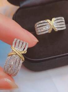 925 Silver Ins-Style 0.5 Carat Dual-Tone Crisscross Diamond Ring, Wide Design, Fashionable & Versatile For Women