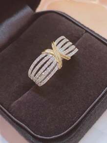925 Silver Ins-Style 0.5 Carat Dual-Tone Crisscross Diamond Ring, Wide Design, Fashionable & Versatile For Women