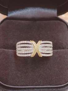 925 Silver Ins-Style 0.5 Carat Dual-Tone Crisscross Diamond Ring, Wide Design, Fashionable & Versatile For Women