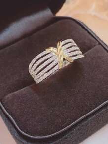 925 Silver Ins-Style 0.5 Carat Dual-Tone Crisscross Diamond Ring, Wide Design, Fashionable & Versatile For Women