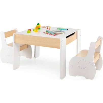 3-Piece Children's Seating Group, Children's Furniture With 1 Table & 2 Chairs, Wide Backrest And Comfortable Seat For Children From 4 Years, Children's Table Group For Children's Room Kindergarten, Bun