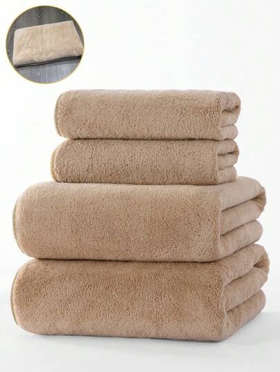 1条/2条/4条装珊瑚绒纯色柔软吸水不掉毛（轻薄）方便情侣毛巾，速干，适用于居家使用、擦头发、洗脸、沐浴（小号毛巾34*75厘米，大号毛巾70*140厘米，特大号毛巾40*80厘米，特大号浴巾90*170厘米）