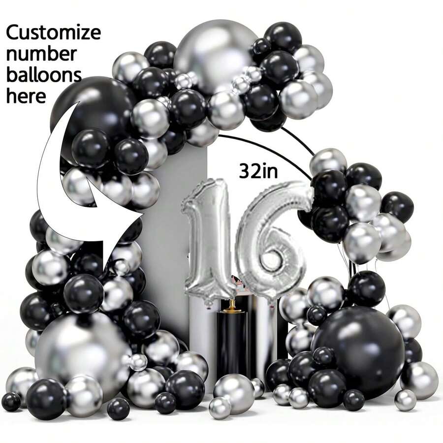 定制名称 + 年龄铝箔气球套装，黑色和银色气球拱门和花环套件，134 个金属镀铬银色和黑色乳胶气球 + 12 个个性化铝箔气球，适用于生日、毕业典礼、婴儿洗礼、迪斯科新年派对装饰 - 黑+銀 - 查看 1