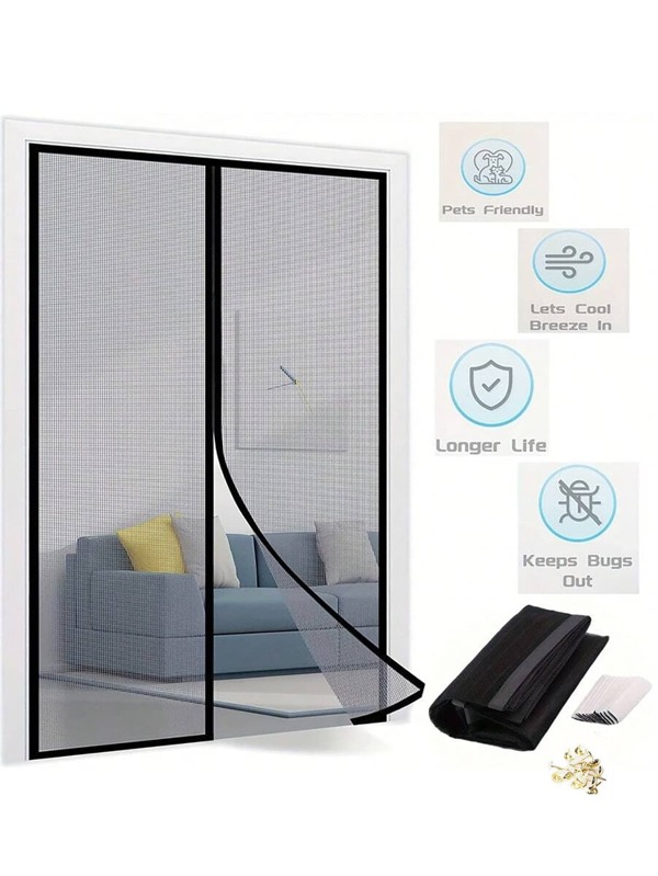 1pc Magnetic Screen Door, Mesh Curtain, Self Sealing Heavy Duty Hands Free Mesh Partition, Keep Out Insects And Fly And Enjoy Fresh Air, Pet Friendly Door Curtain, Suitable For Summer Kitchen, Living Room And Bedroom