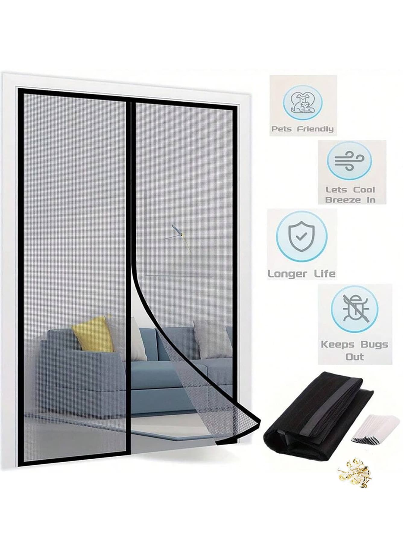 1pc Magnetic Screen Door, Mesh Curtain, Self-Sealing Thickened Hands-Free Partition, Blocks Insects And Flies, Enjoy Fresh Air, Pet Friendly Curtain, Suitable For Summer Kitchen, Living Room And Bedroom - Multicolor - View 1