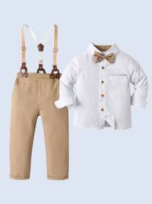 BOARNSEORL 2pcs Young Boys Gentleman Outfit - White Long Sleeve Shirt With Bow Tie And Khaki Suspender Pants, Fashionable And Stylish For Birthday Party, Wedding, Anniversary Celebration