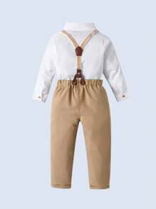 BOARNSEORL 2pcs Young Boys Gentleman Outfit - White Long Sleeve Shirt With Bow Tie And Khaki Suspender Pants, Fashionable And Stylish For Birthday Party, Wedding, Anniversary Celebration