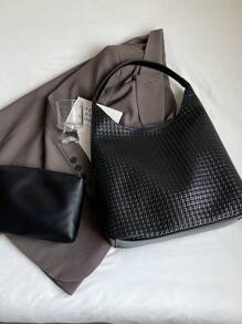 low tea 1pc Solid Color PU Leather Magnetic Closure Women's Tote Bag, Hobo Style Vegan Leather Top Handle Shoulder Wallet Handbag For Travel, Shopping, Date, Women's Gift, Work, Business, Commute - Black - View 6