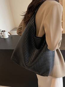 low tea 1pc Solid Color PU Leather Magnetic Closure Women's Tote Bag, Hobo Style Vegan Leather Top Handle Shoulder Wallet Handbag For Travel, Shopping, Date, Women's Gift, Work, Business, Commute - Black - View 4