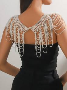 1pc Elegant White Faux Pearl Decor Multi-Layer Body Chain Necklace, Adjustable Length, Suitable For Party, Bikini Top, Beach Cover-Up, All Season Wear, Summer - White - View 3