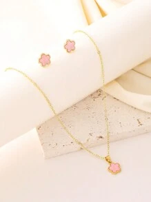 2 件/套女士礼物时尚幸运花三叶草项链和耳环情人节、妈妈、母亲、母亲节、礼物 - 彩色 - 查看 9