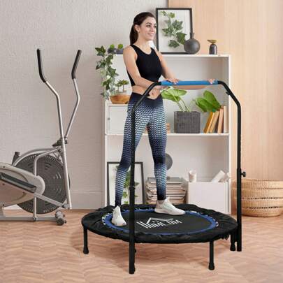 HOMCOM Trampoline de Fitness Gymnastique avec poignée réglable, Pliable, 6 Pieds, 28 Ressorts Ø 102 cm, Noir Bleu