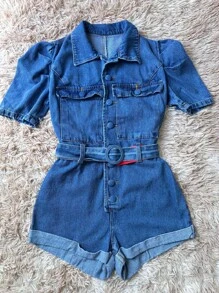 Denim Rompers Without Lycra With Button Women's Short Sleeve Princess - 中等水洗藍 - 查看 3