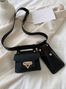 2pcs/Set PU Leather Women Black Waist Bag & Chest Bag