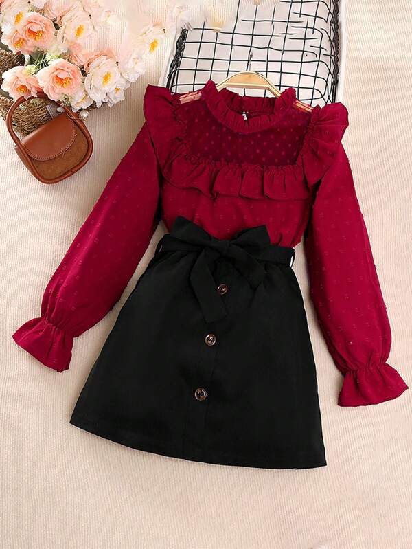 Conjunto de 2 piezas de niña de top de manga larga de lunares + falda bustier, cómodo y versátil conjunto infantil con encaje, volantes, mangas princesa y cinturón