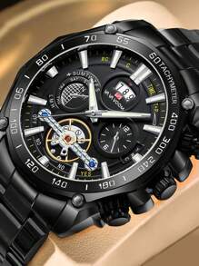 Va Va Voom 全黑不锈钢男士手表，奢华陀飞轮装饰，石英机芯，休闲，夜灯，户外运动，防水，适合男士商务和宴会，作为父亲节礼物，作为返校学生的礼物