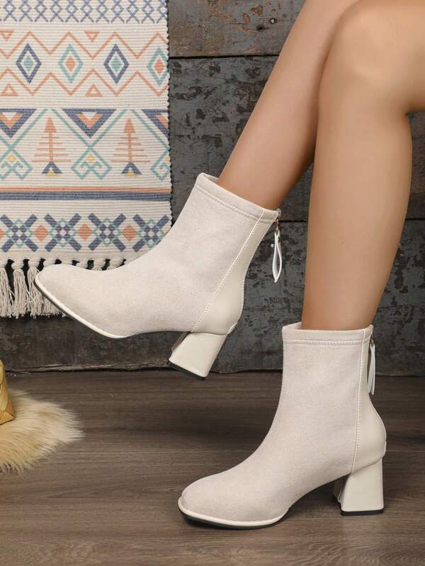 Botas media pantorrilla para mujeres, botas largas de moda europeas y americanas, botas de moda para damas, botas de tobillo y botas cortas para damas, negro, beige, marrón, botas media pantorrilla para damas con cremallera trasera negra, versátiles para primavera, otoño e invierno, botas de tacón grueso, delgadas, con parte superior, botas largas casuales para caminar al aire libre