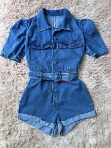 Denim Rompers Without Lycra With Button Women's Short Sleeve Princess - 中等水洗藍 - 查看 1